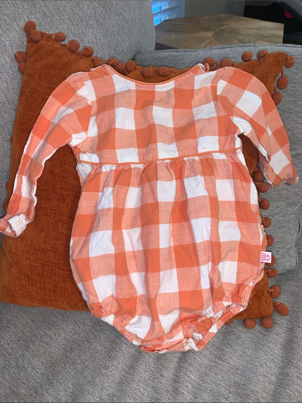 Ruffle Butts Orange and White Gingham Baby Romper 12-18 months fall outfit